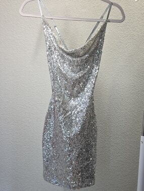 Hera Collection Silver Sequin Cowl Slip Mini Dress